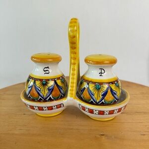 El Frate Deruta Italy Handpainted Ceramic Salt & Pepper Shaker with Tray Holder
